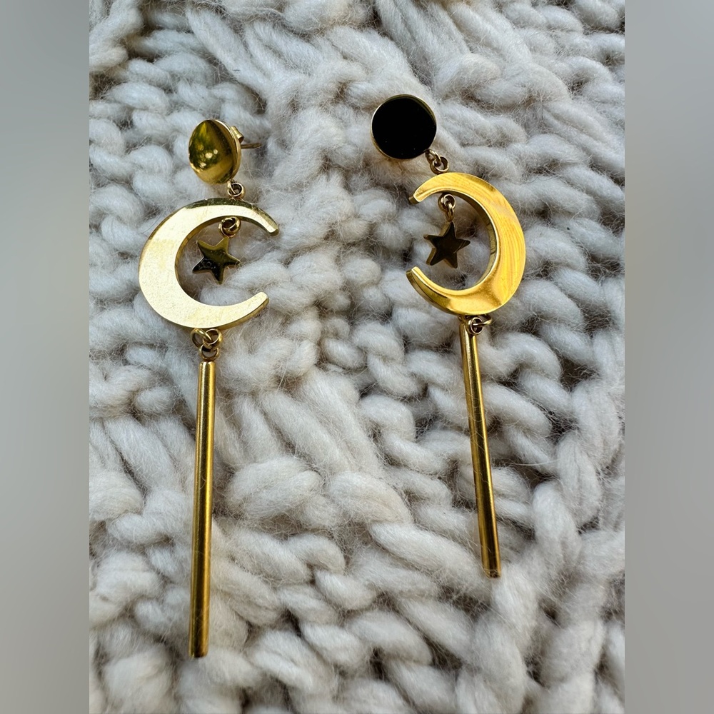 Gold-Tone Moon and Star Dangle Earrings